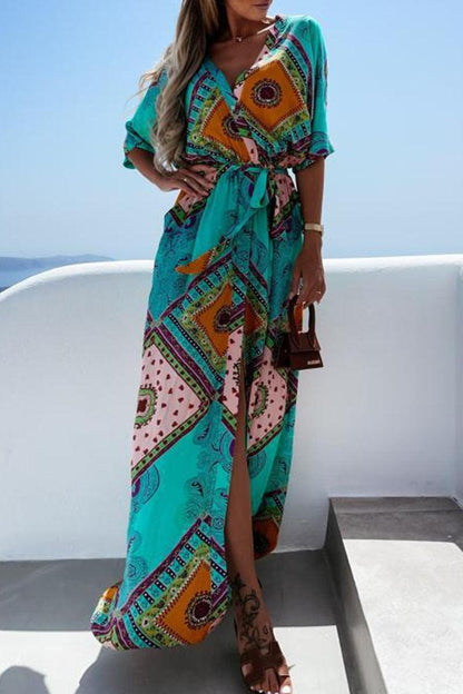 Jennifer - summer printed long dress with V-neck - ZyraLux