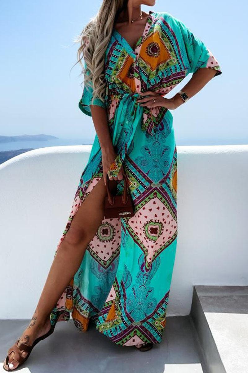 Jennifer - summer printed long dress with V-neck - ZyraLux