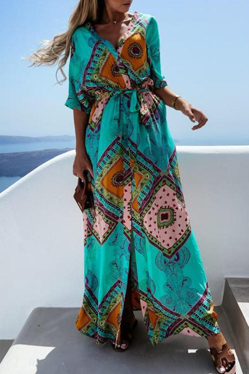 Jennifer - summer printed long dress with V-neck - ZyraLux