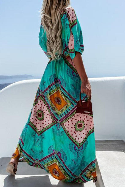 Jennifer - summer printed long dress with V-neck - ZyraLux