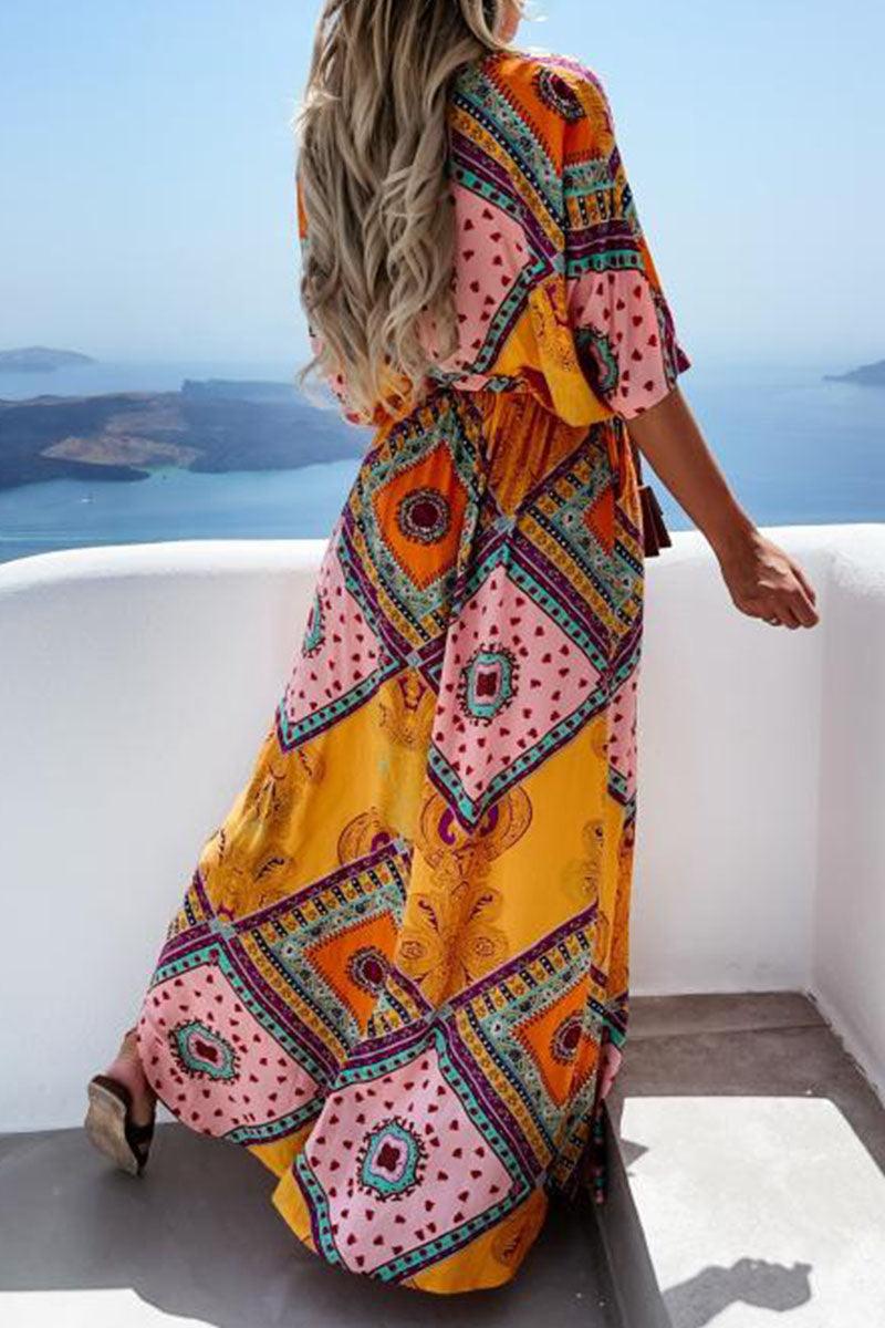 Jennifer - summer printed long dress with V-neck - ZyraLux