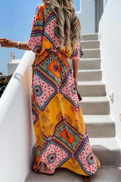 Jennifer - summer printed long dress with V-neck - ZyraLux