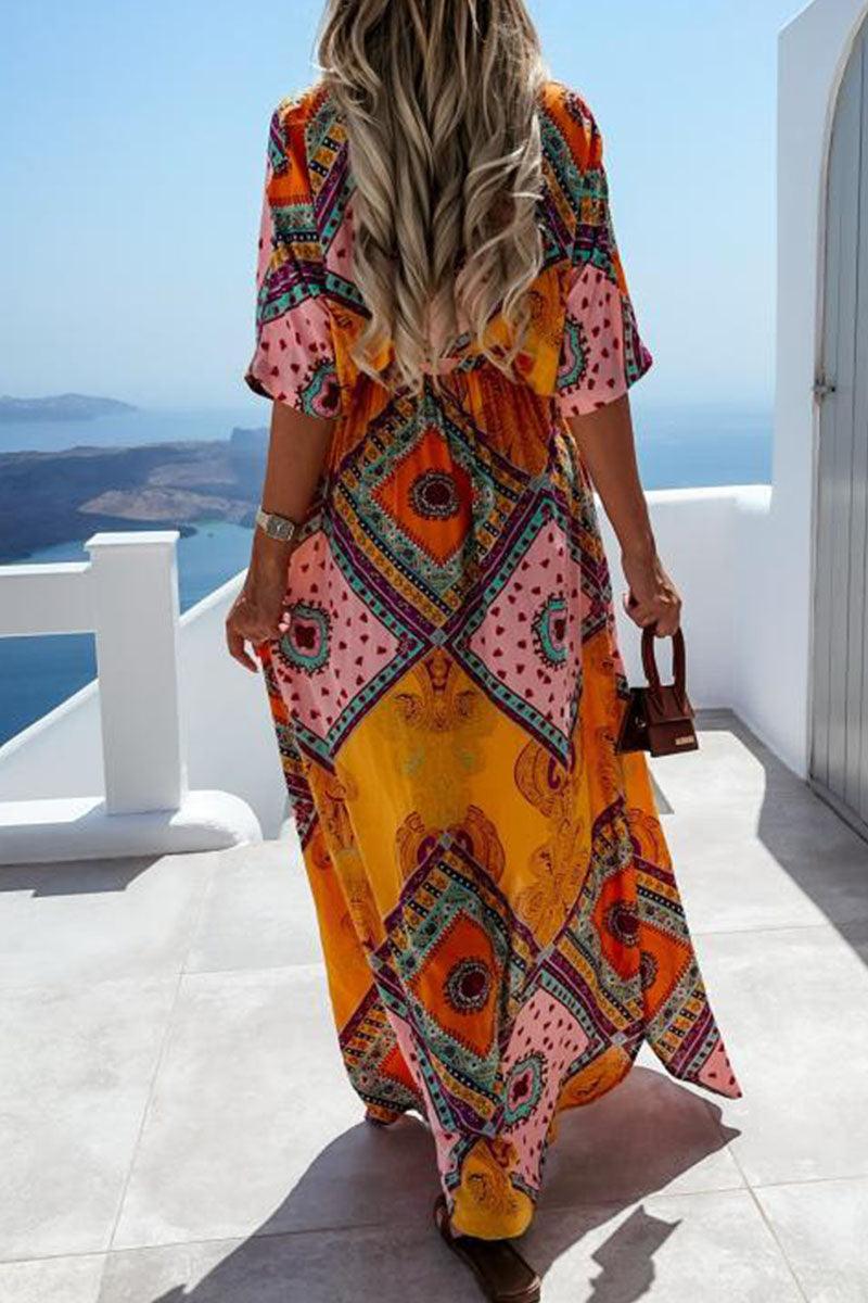 Jennifer - summer printed long dress with V-neck - ZyraLux