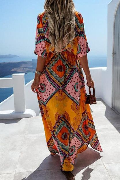 Jennifer - summer printed long dress with V-neck - ZyraLux