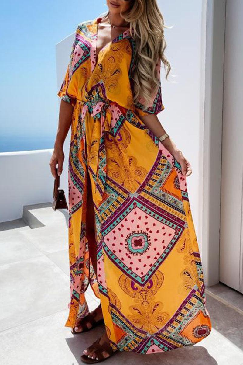 Jennifer - summer printed long dress with V-neck - ZyraLux