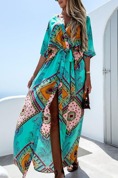 Jennifer - summer printed long dress with V-neck - ZyraLux