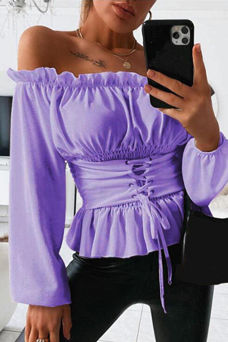 Rochelle - long sleeve ruffled hem off-shoulder top - ZyraLux