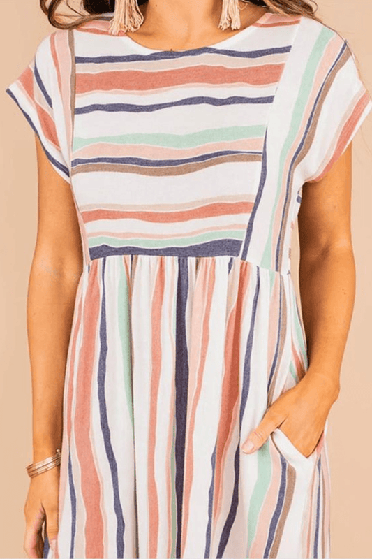 Melai - casual striped patchwork pocket o neck a line dress - ZyraLux