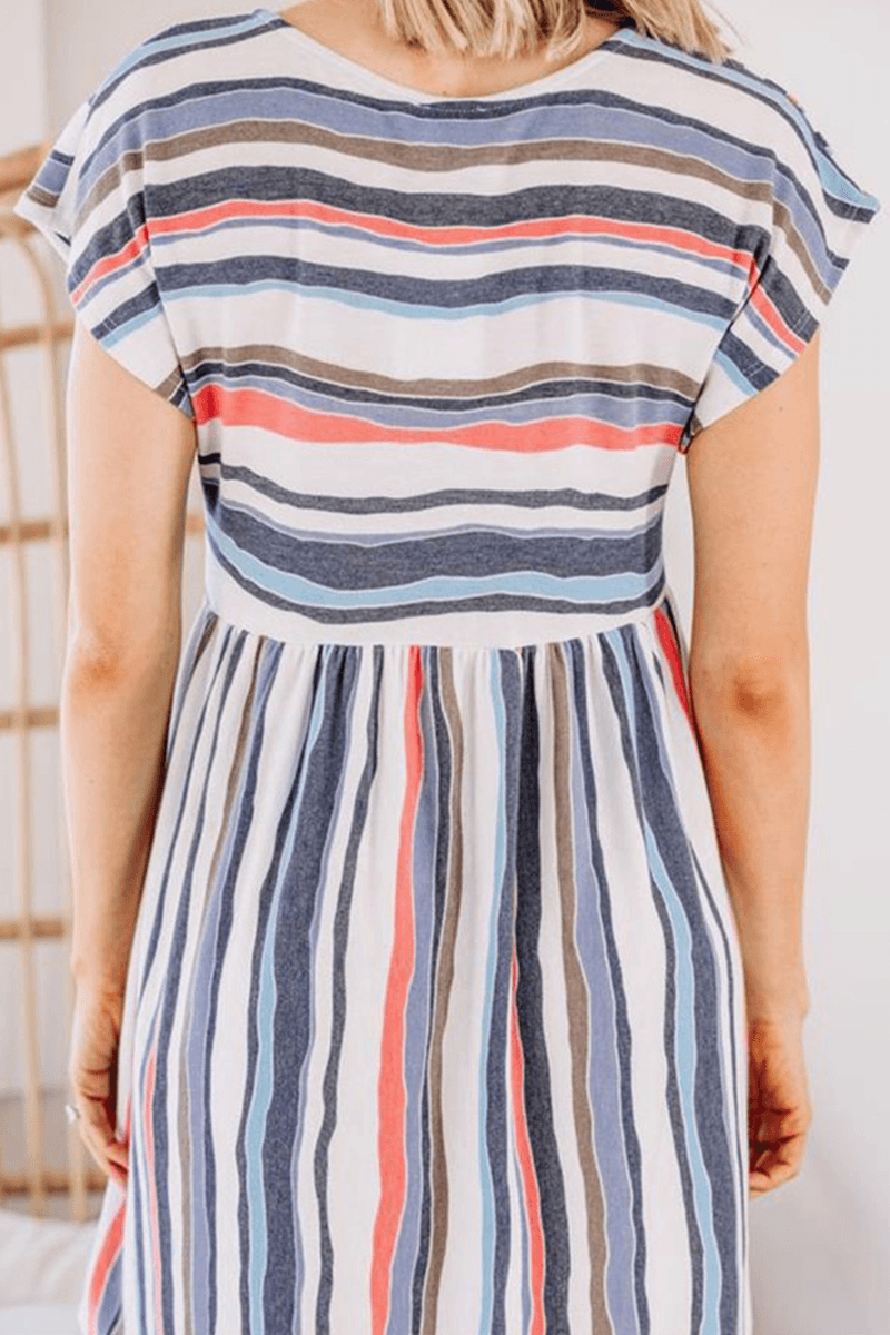 Melai - casual striped patchwork pocket o neck a line dress - ZyraLux