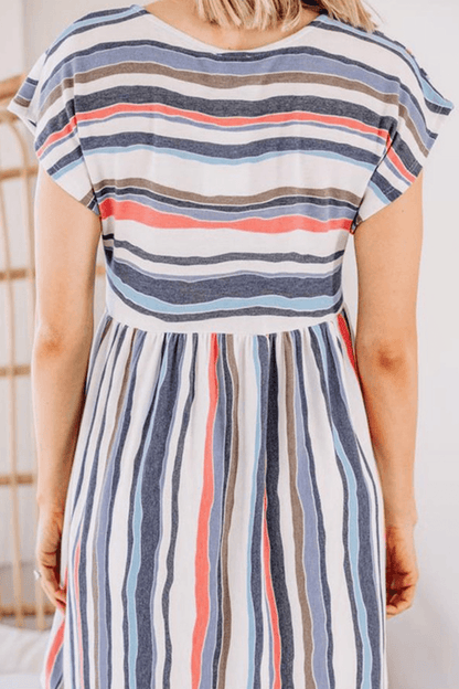 Melai - casual striped patchwork pocket o neck a line dress - ZyraLux