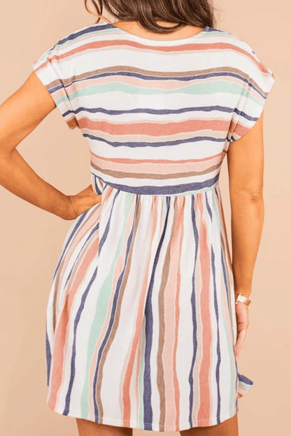 Melai - casual striped patchwork pocket o neck a line dress - ZyraLux