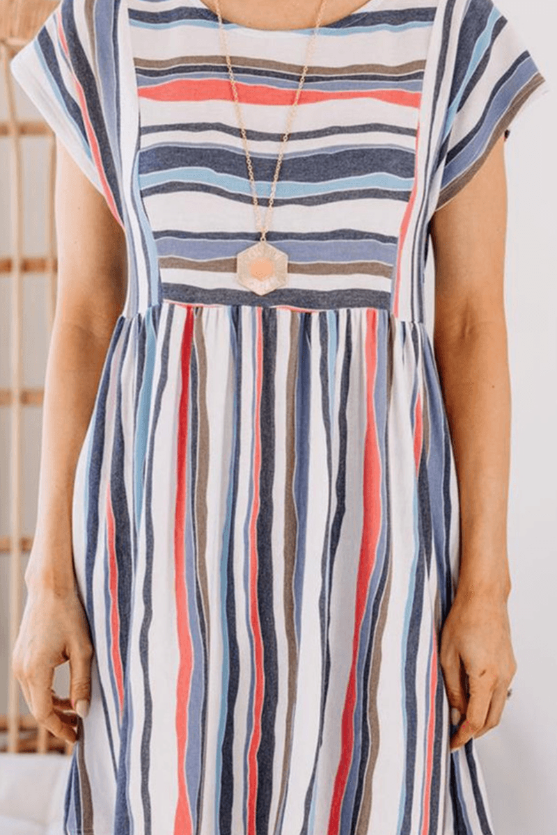 Melai - casual striped patchwork pocket o neck a line dress - ZyraLux