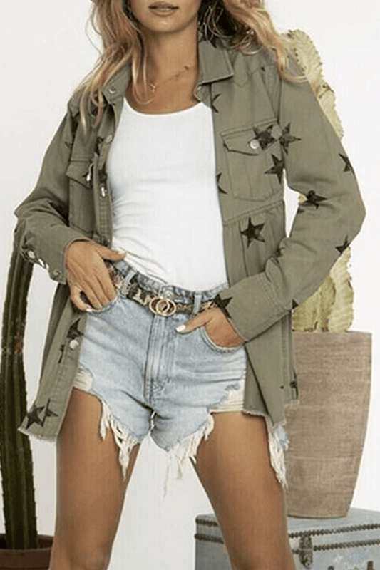 Aiah - stars tassel buckle turndown collar long sleeve denim jacket - ZyraLux