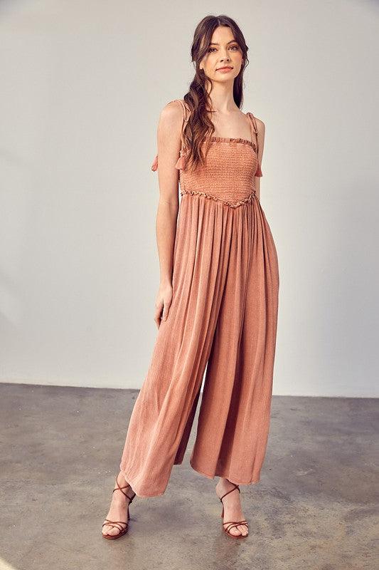 Gewassen gebreide kokosnoot oranje strapless jumpsuit