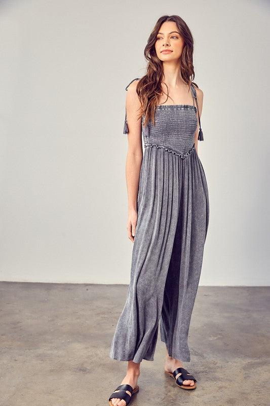 Gewassen gebreide antracietkleurige strapless jumpsuits