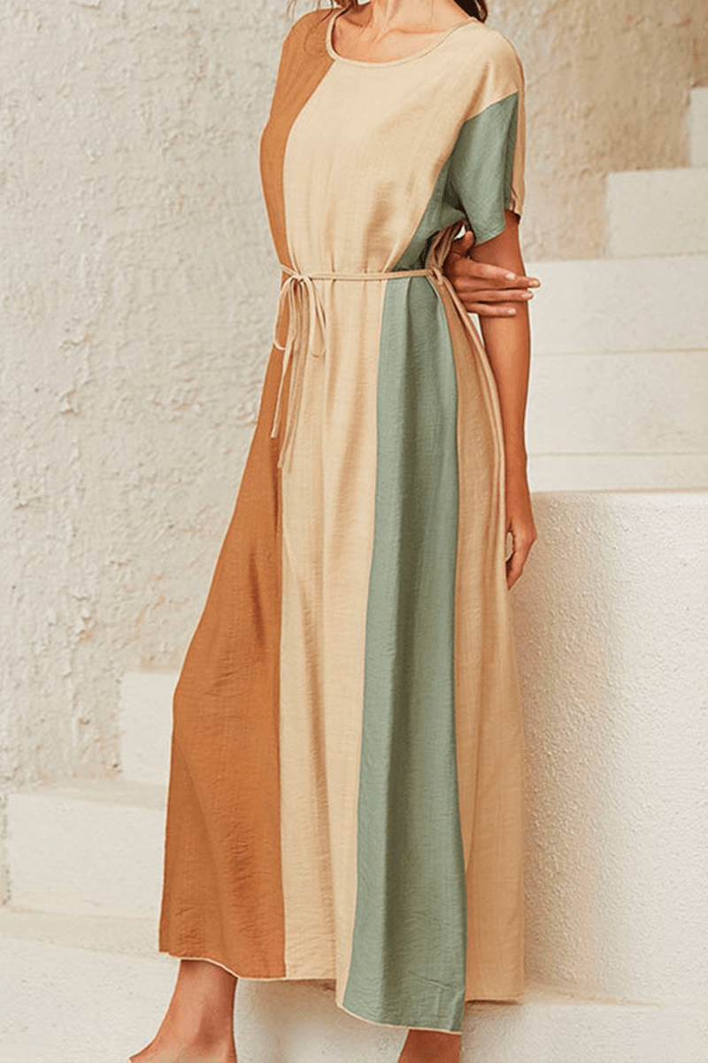 Ella - casual color lump with belt contrast o-neck dress - ZyraLux