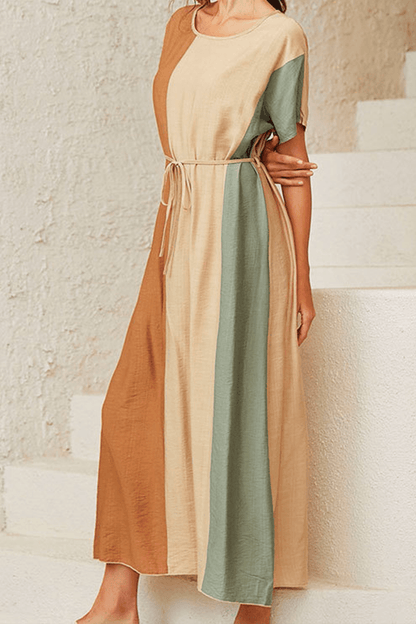 Ella - casual color lump with belt contrast o-neck dress - ZyraLux