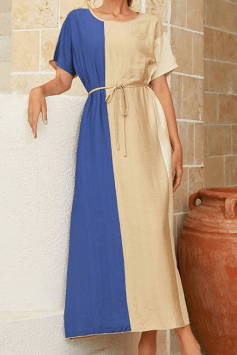 Ella - casual color lump with belt contrast o-neck dress - ZyraLux