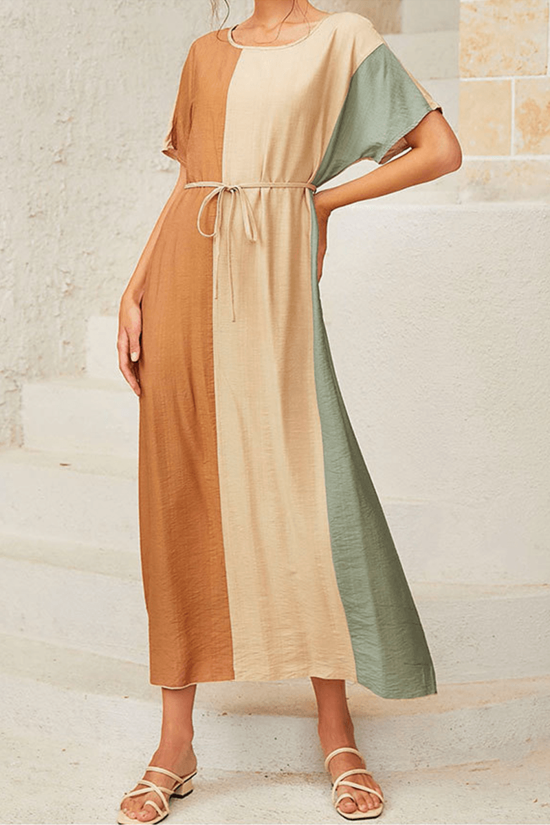 Ella - casual color lump with belt contrast o-neck dress - ZyraLux