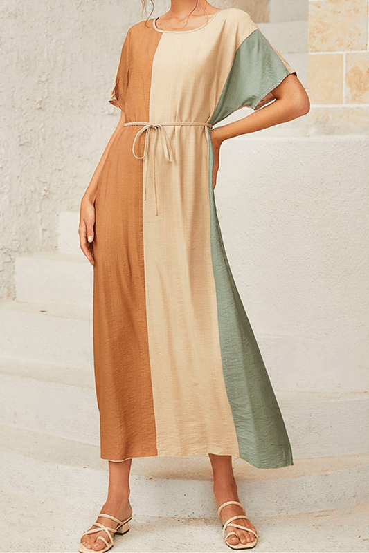 Ella - casual color lump with belt contrast o-neck dress - ZyraLux