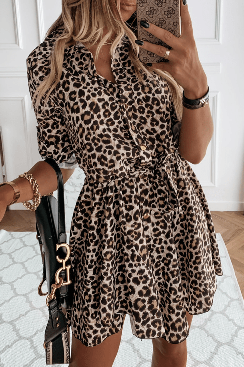 Erma - casual elegant print leopard buckle dress - ZyraLux