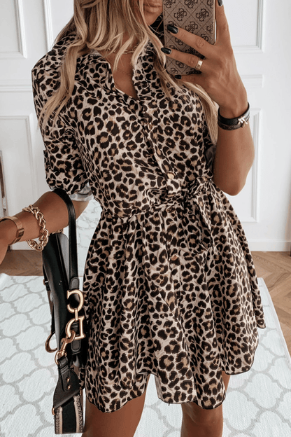 Erma - casual elegant print leopard buckle dress - ZyraLux