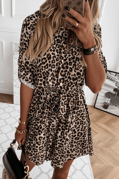 Erma - casual elegant print leopard buckle dress - ZyraLux