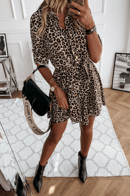 Erma - casual elegant print leopard buckle dress - ZyraLux