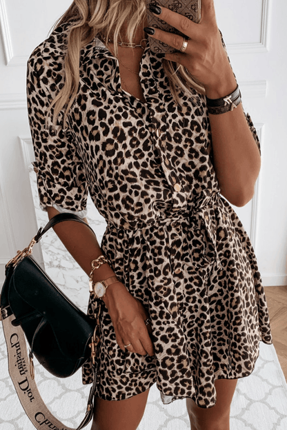 Erma - casual elegant print leopard buckle dress - ZyraLux