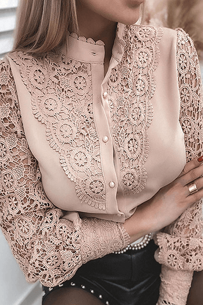 Ruth - elegant lace hollowed out buckle mandarin collar top - ZyraLux