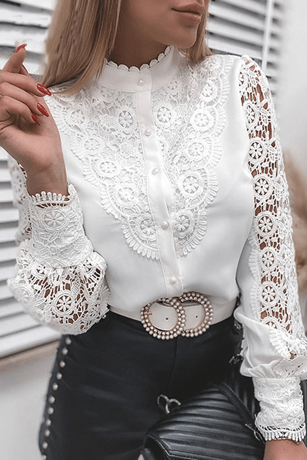 Ruth - elegant lace hollowed out buckle mandarin collar top - ZyraLux