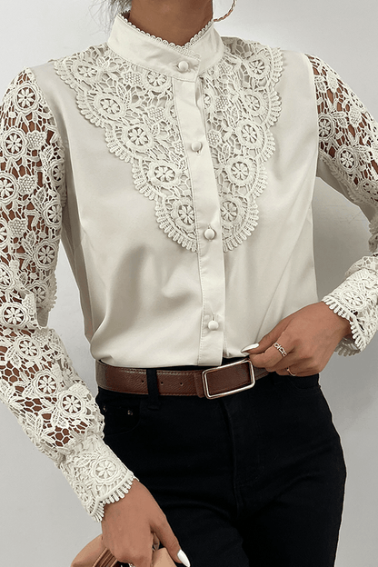 Ruth - elegant lace hollowed out buckle mandarin collar top - ZyraLux