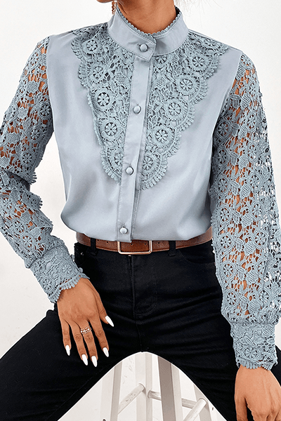 Ruth - elegant lace hollowed out buckle mandarin collar top - ZyraLux