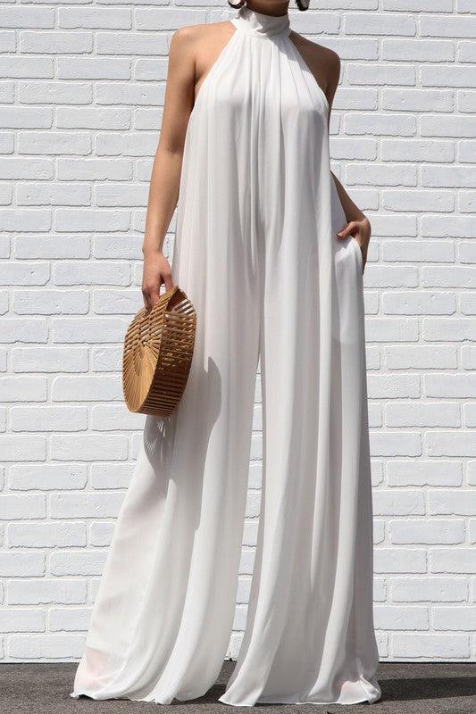 Bohemian White High Neck Band Long Wide Leg Jumpsuit - ZyraLux