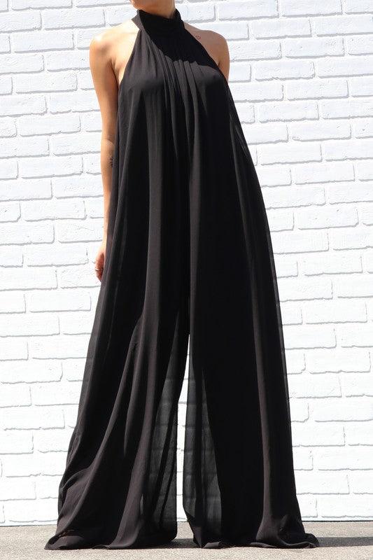 Bohemian Black High Neck Band Long Wide Leg Jumpsuit - ZyraLux