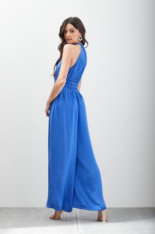 Capri Blue Halter Wide Leg Sleeveless Jumpsuit - ZyraLux