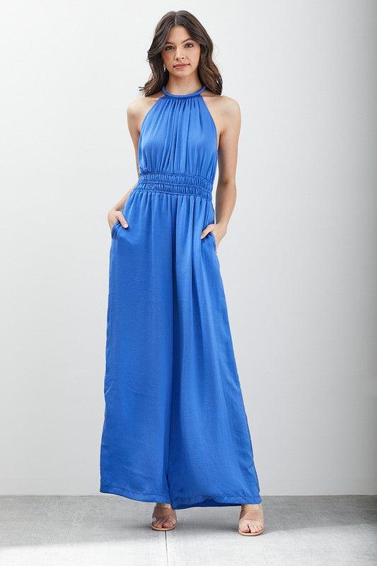 Capri Blue Halter Wide Leg Sleeveless Jumpsuit - ZyraLux