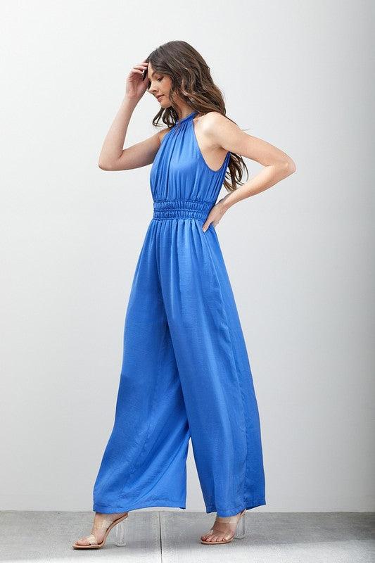 Capri Blue Halter Wide Leg Sleeveless Jumpsuit - ZyraLux