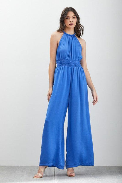 Capri Blue Halter Wide Leg Sleeveless Jumpsuit - ZyraLux