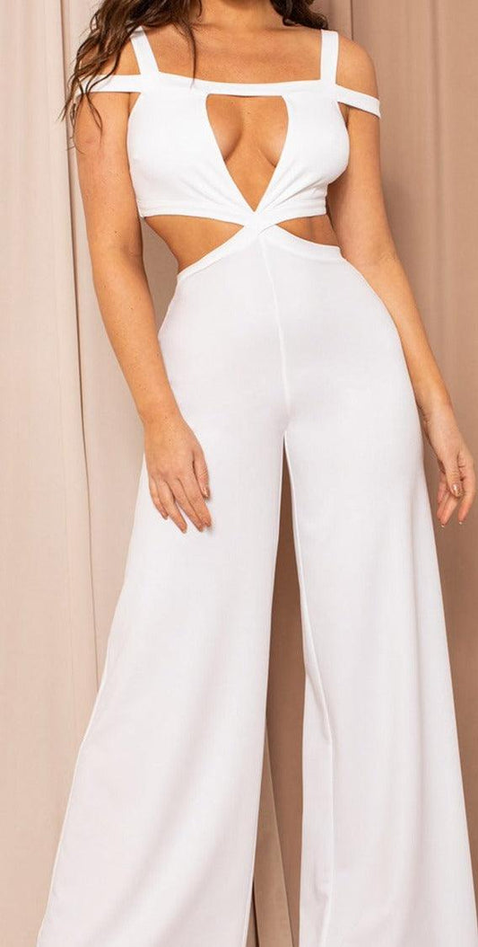 Witte cut-out lijfje cold shoulder wijde pijp jumpsuit