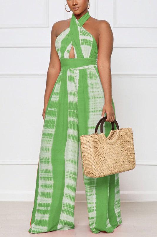 Criss Cross Green Halter Neck Sleeveless Wide Leg Jumpsuit - ZyraLux