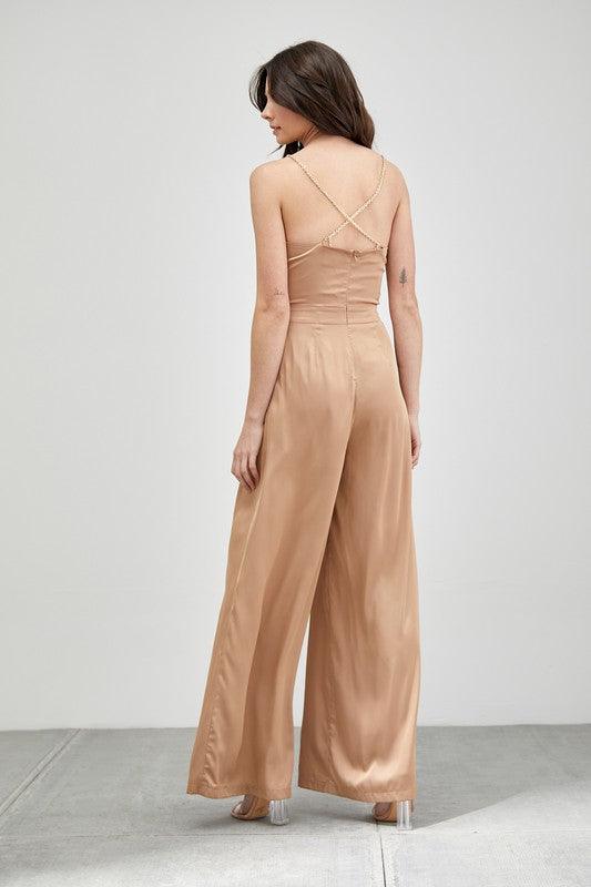 Draped Taupe Cowl Neck Trim Detail Jumpsuit - ZyraLux