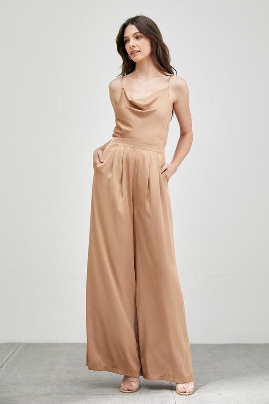 Draped Taupe Cowl Neck Trim Detail Jumpsuit - ZyraLux