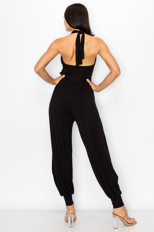 Cross Halter Black Double Slit Aladin Sleeveless Jumpsuit - ZyraLux