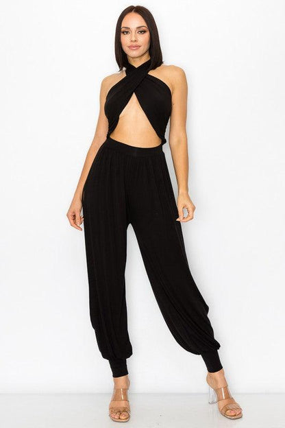 Cross Halter Black Double Slit Aladin Sleeveless Jumpsuit - ZyraLux