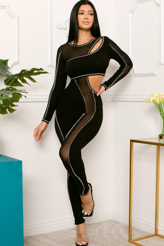 Outward Stitch Black Mesh Paneled Bodycon Jumpsuit - ZyraLux