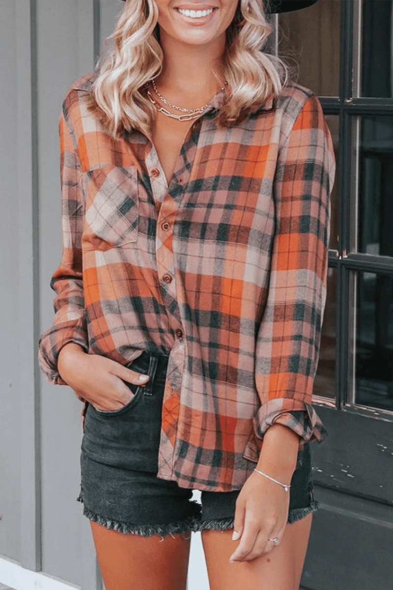 Clara - casual checkered turndown collar blouses - ZyraLux