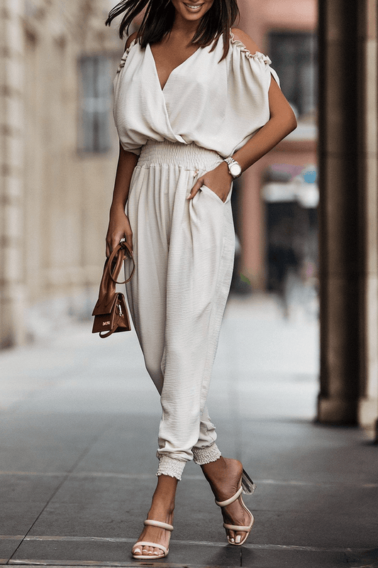 Cynthia - casual V-neck harlan jumpsuit with elastic waist - ZyraLux