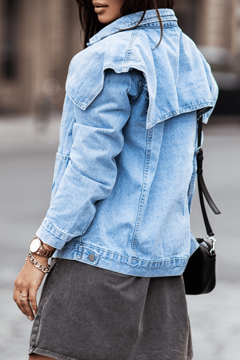 Rena - classic collared neck button down denim jacket - ZyraLux