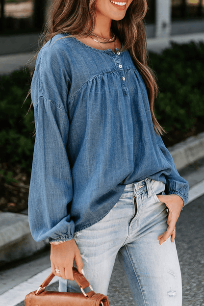 Syvette - casual denim blouse met lange mouwen